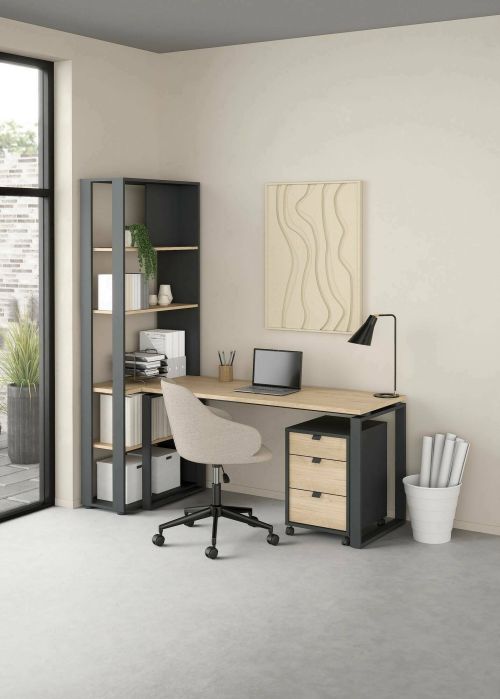 Scrivania Severine, Scrittoio multiuso, Tavolo per ufficio porta PC, Piano di lavoro, 80x184 h205 cm, Rovere e Grigio