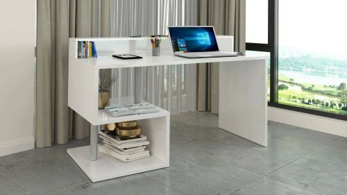 Scrivania Silvestro, Scrittoio lineare con ripiani portaoggetti, Scrivania ufficio multiuso con sopralzo, 140x60h93 cm, Bianco