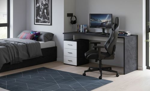 Scrivania Siro, Scrittoio lineare, Scrivania ufficio multiuso, Scrivania salvaspazio multi posizione, 160x60h75 cm, Bianco e Ardesia