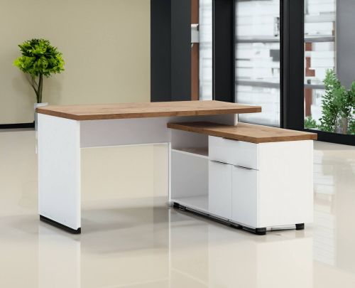 Scrivania Tembisa, Scrittoio multiuso, Tavolo per ufficio porta PC, Piano di lavoro, Made in Italy, 140x120h75 cm, Bianco lucido e Rovere