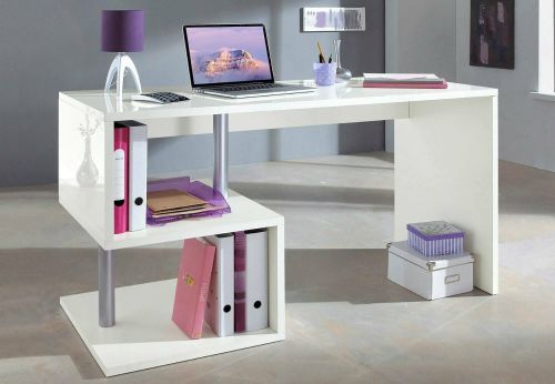 Scrivania Valerio, Scrittoio lineare porta PC, Tavolo multiuso per ufficio, Scrivania salvaspazio multiposizione, 100% Made in Italy, cm 140x60h78, Bianco lucido