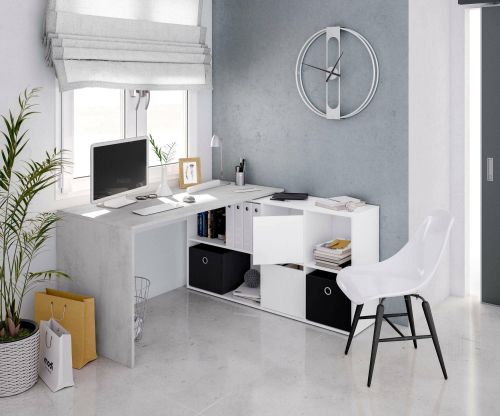 Scrivania Vallejo, Scrittoio multifunzione reversibile multiposizione, Tavolo da studio o ufficio porta PC con scaffale, 136x139h74 cm, Bianco e Cemento