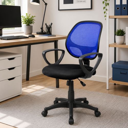 Sedia con ruote imbottita con braccioli in ecopelle nera e blu - Filiberta