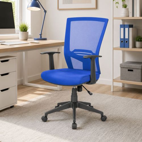 Sedia con ruote imbottita con braccioli in tessuto blu - Eulalia