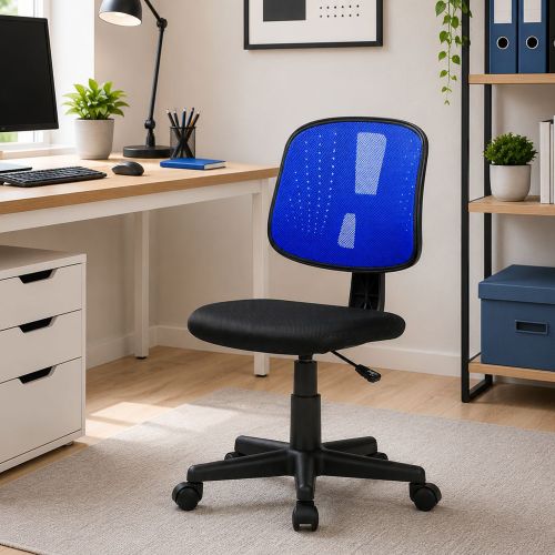 Sedia da computer con ruote imbottita con braccioli in ecopelle nera e blu - Cefeo