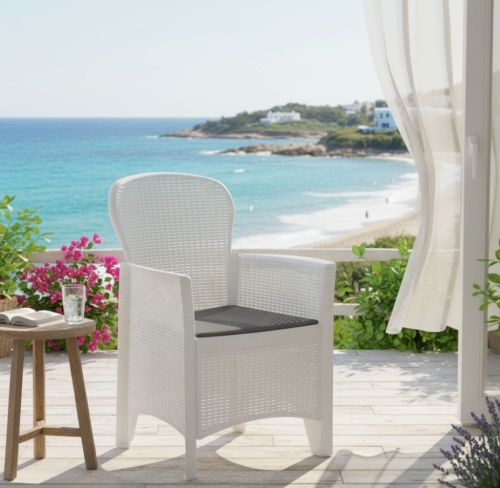 Sedia da esterno Como, Seduta da giardino, Poltrona outdoor effetto rattan, 100 % Made in Italy, 60x58h89 cm, Bianco