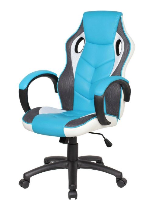 Sedia da gaming Caloundra, Poltrona da gaming adulto, Sedia da scrivania, 66x61h104-114 cm, Azzurro e Bianco
