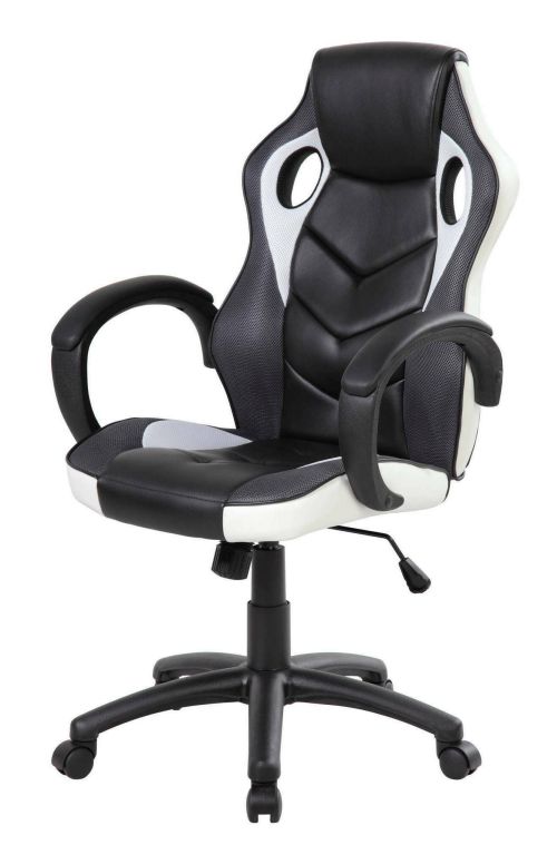 Sedia da gaming Caloundra, Poltrona da gaming adulto, Sedia da scrivania, 66x61h104-114 cm, Nero e Bianco