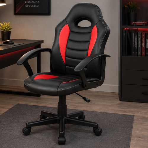 Sedia da gaming girevole con braccioli in ecopelle nera e rossa - Miranda