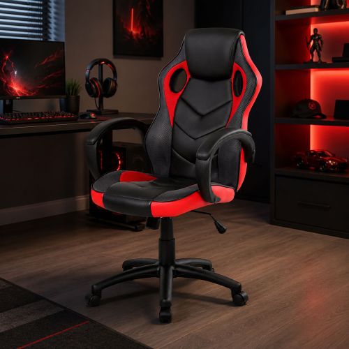 Sedia da gaming imbottita con braccioli in ecopelle nera e rossa - Urbana