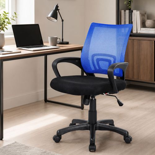 Sedia da studio con ruote con braccioli in tessuto nera e blu - Reticolo