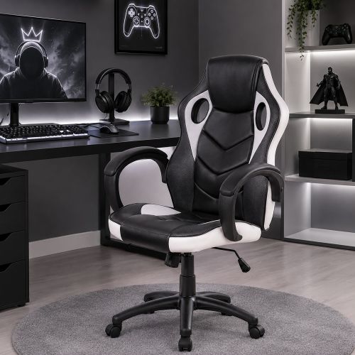 Sedia gaming imbottita con braccioli in tessuto nera e bianca - Urbana