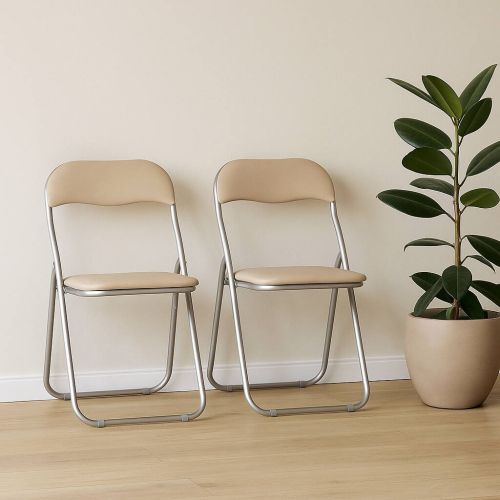 Sedia pieghevole Marbella, Set di 2 sedie salvaspazio, Sedia per ospiti, Seduta per riunioni in simil ecopelle, 43x47h80 cm, Beige