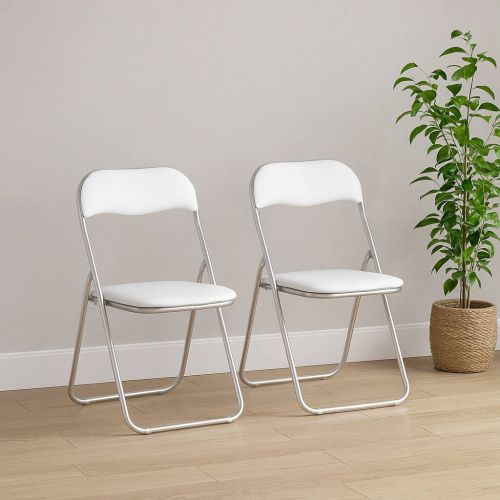 Sedia pieghevole Marbella, Set di 2 sedie salvaspazio, Sedia per ospiti, Seduta per riunioni in simil ecopelle, 43x47h80 cm, Bianco