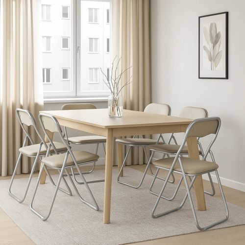 Sedia pieghevole Marbella, Set di 6 sedie salvaspazio, Sedia per ospiti, Seduta per riunioni in simil ecopelle, 43x47h80 cm, Beige