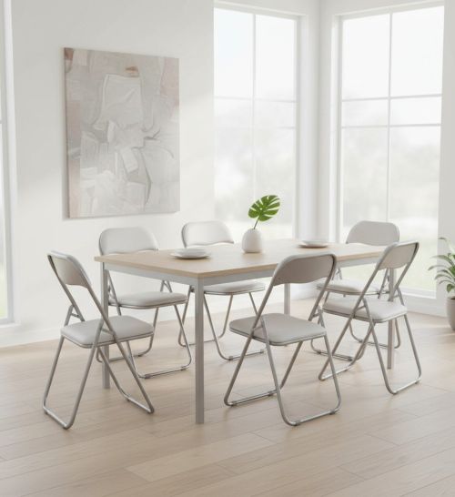 Sedia pieghevole Marbella, Set di 6 sedie salvaspazio, Sedia per ospiti, Seduta per riunioni in simil ecopelle, 43x47h80 cm, Bianco