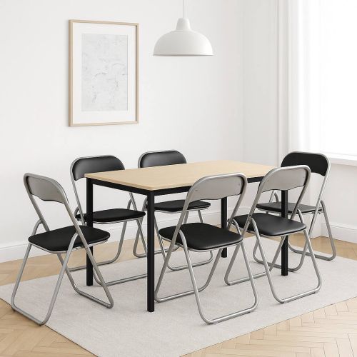 Sedia pieghevole Marbella, Set di 6 sedie salvaspazio, Sedia per ospiti, Seduta per riunioni in simil ecopelle, 43x47h80 cm, Nero