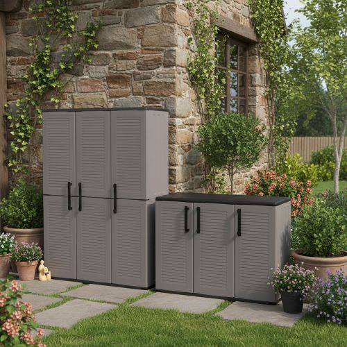 Set Armadi da Esterno Grigio Nero 4 Ripiani Apertura Battente, Resistente ai Raggi uv Impermeabile Made in Italy - Orvinio