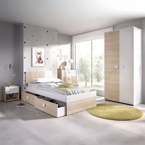 Set Camera da Letto Bianco Marrone Rovere Appendiabiti 6 Cassetti, 6 Ripiani - Redwood