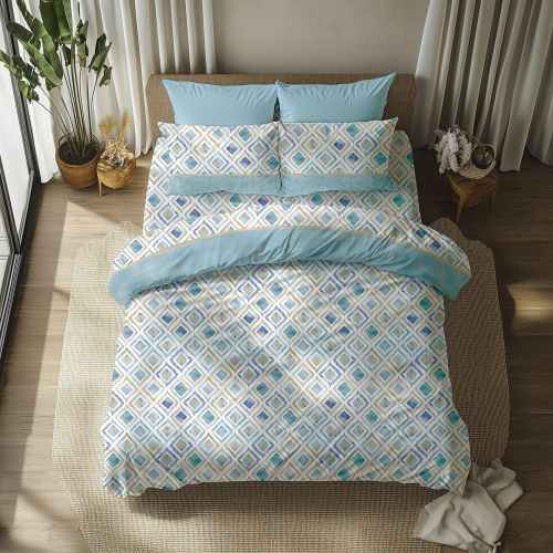 Set Completo Letto Matrimoniale Azzurro 50% Cotone 50% Poliestere, Lavabile in Lavatrice - Sateneha Luxury