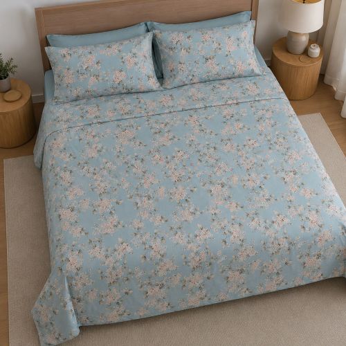 Set Completo Letto Matrimoniale Azzurro Acqua Percalle 210 Fili in Cotone Pettinato e Mercerizzato - Salilisa Luxury