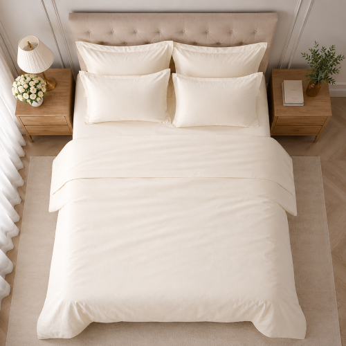 Set Completo Letto Matrimoniale Bianco Avorio 100% Puro Cotone , Lavabile in Lavatrice - Rova Luxury