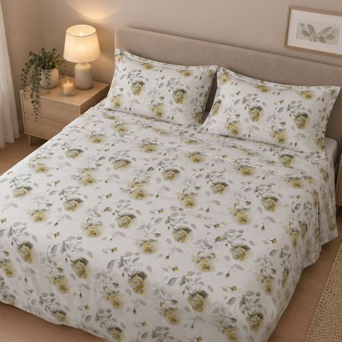 Set Completo Letto Matrimoniale Giallo Bianco Raso 250 Fili in Cotone Pettinato e Mercerizzato, Lavabile in Lavatrice - Salineso Luxury