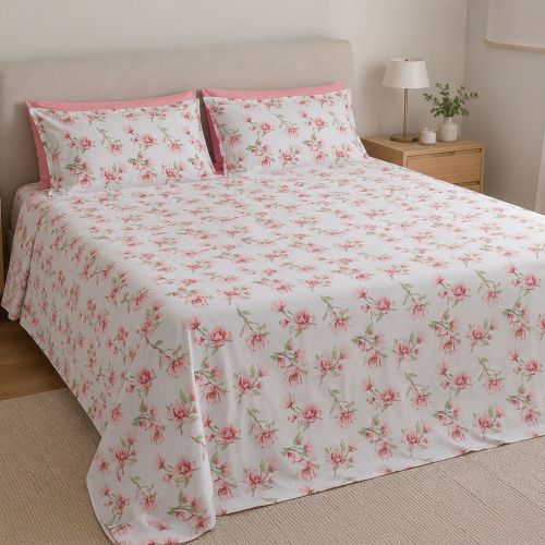 Set Completo Letto Matrimoniale Rosa Bianco Percalle 210 Fili in Cotone Pettinato e Mercerizzato - Saliro Luxury