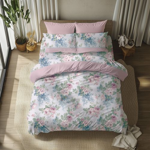 Set Completo Letto Matrimoniale Rosa Verde 50% Cotone 50% Poliestere, Lavabile in Lavatrice - Sarome Luxury