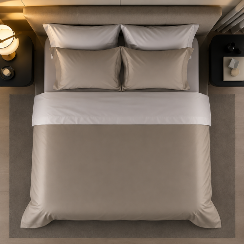 Set Completo Letto Piazza e Mezza Marrone Chiaro Bianco Crema Percalle 170 Fili in Cotone Pettinato e Mercerizzato - Rosirora Luxury