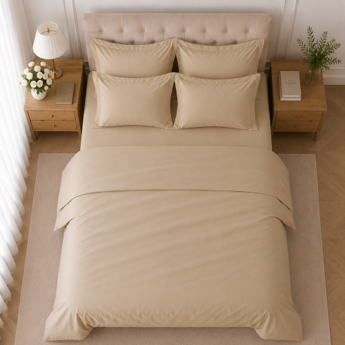 Set Completo Letto Piazza e Mezza Marrone Sabbia 100% Puro Cotone , Lavabile in Lavatrice - Rotira Luxury