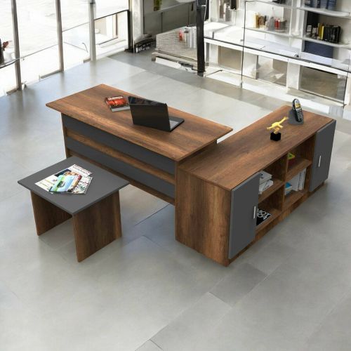 Set da ufficio Borrelly, Composizione da studio, Kit ufficio, Set scrivania e cassettiera, Noce e Antracite