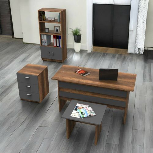 Set da ufficio Bosona, Composizione da studio, Kit ufficio, Set scrivania e cassettiera, Noce e Antracite