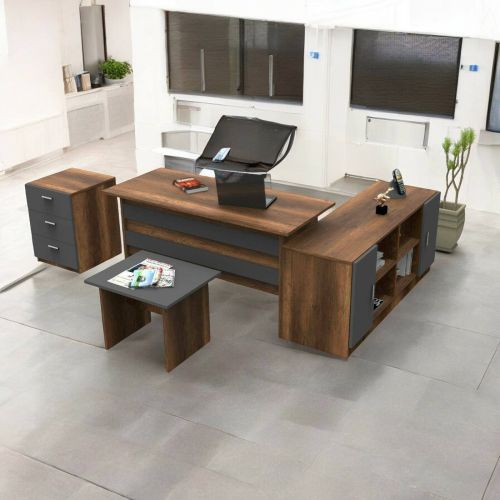 Set da ufficio Caroli, Composizione da studio, Kit ufficio, Set scrivania e cassettiera, Noce e Antracite