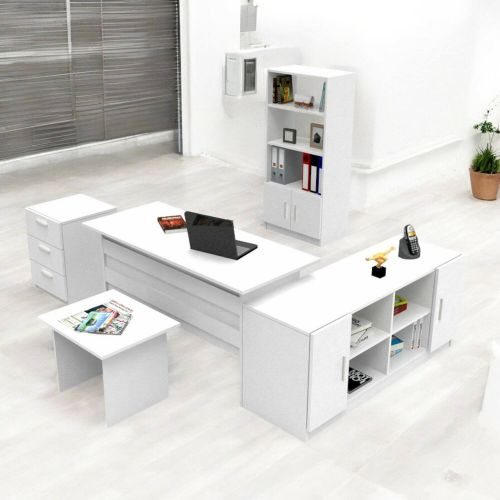 Set da ufficio Styx, Composizione da studio, Kit ufficio, Set scrivania e cassettiera, Bianco