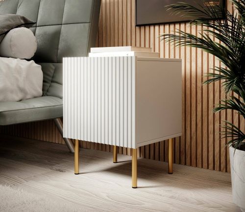 Set di 2 comodini Almeirim, Comò basso con anta battente e vano interno, Finitura effetto cannettato, 45x40 h51 cm, Bianco