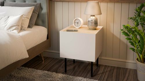 Set di 2 comodini Valbom, Comò basso con cassetto e vano interno, Finitura effetto liscio, 40x41 h60 cm, Beige e Rovere