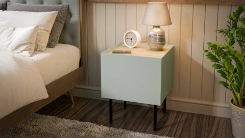Set di 2 comodini Valbom, Comò basso con cassetto e vano interno, Finitura effetto liscio, 40x41 h60 cm, Verde e Rovere