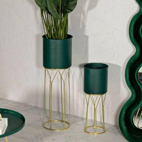 Set di 2 portavasi Parano, 23x23 h70 cm, Verde e Oro