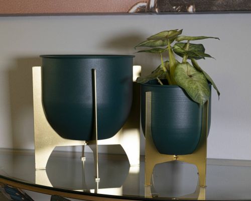 Set di 2 portavasi Tamaki, Complemento d'arredo, Articolo decorativo, Accessorio d'arredo, 25x25 h26 cm, Verde e Oro