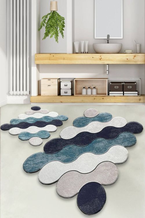 Set di 2 tappeti da bagno Locri, Tappetino per bagno, Scendibagno, Pedana da bagno, 100x60 cm, Blu e Bianco
