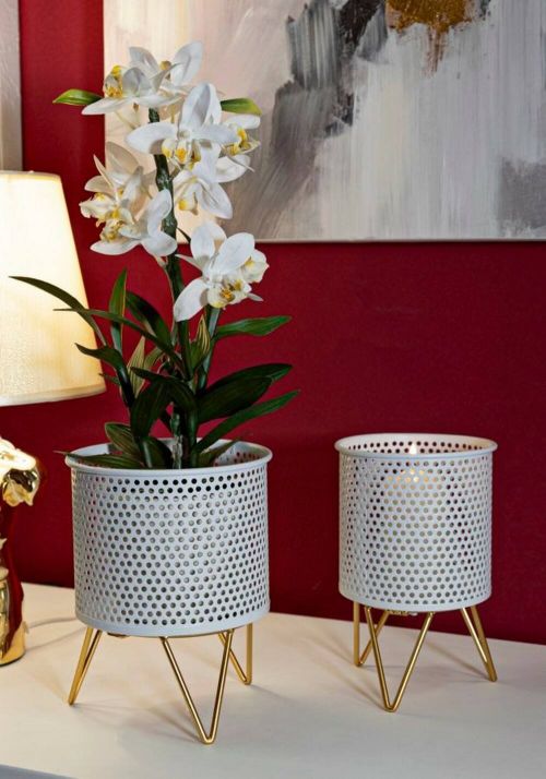 Set di 2 vasi Mormorolo, Complemento d'arredo, Articolo decorativo, Accessorio d'arredo, 16x16 h20 cm, Bianco e Oro