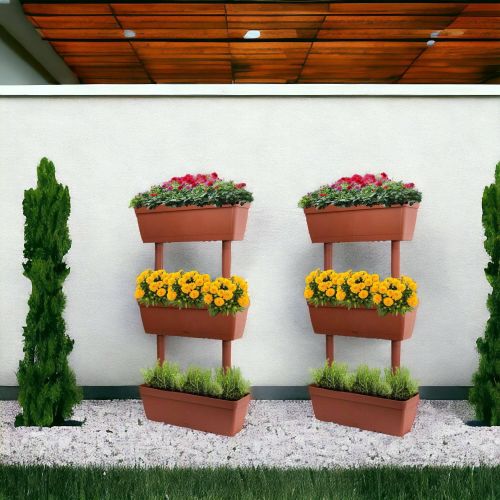 Set di 3 vasi Durbuy, Composizione per orto casalingo, Set porta fiori per interno o esterno, 100% Made in Italy, 49x22h16 cm, Marrone