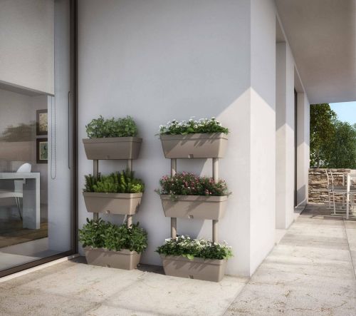 Set di 3 vasi Durbuy, Composizione per orto casalingo, Set porta fiori per interno o esterno, 100% Made in Italy, 49x22h16 cm, Tortora