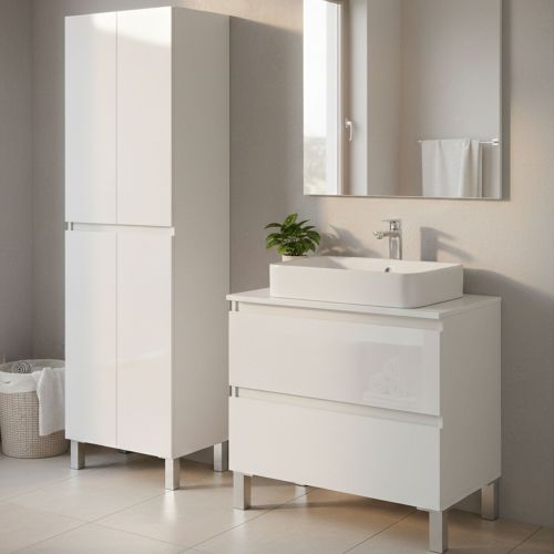 Set Mobili Bagno Bianco Lucido 2 Cassetti 3 Ripiani, 4 Ante - Capurso