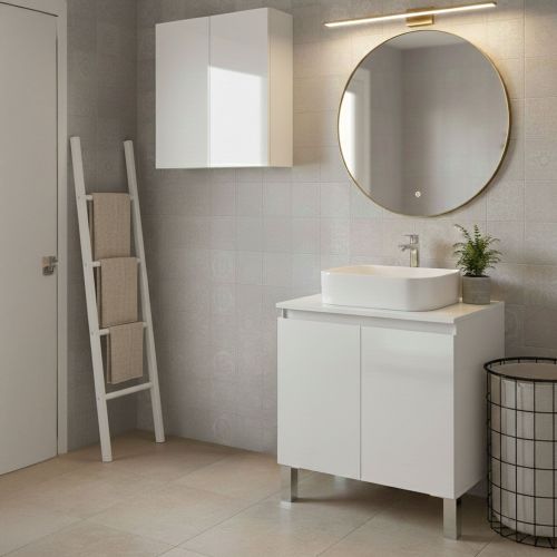 Set Mobili Bagno Bianco Lucido 3 Ripiani 4 Ante, 5 Vani - Gravina