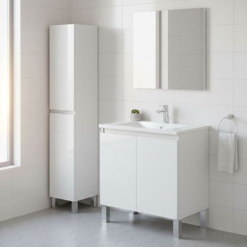 Set Mobili Bagno Bianco Lucido 5 Ripiani 4 Ante, 8 Vani - Vignolo