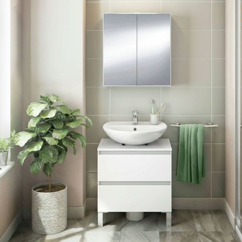Set Mobili Bagno Bianco Lucido Specchio Incluso 2 Cassetti, 2 Ripiani - Gaiola