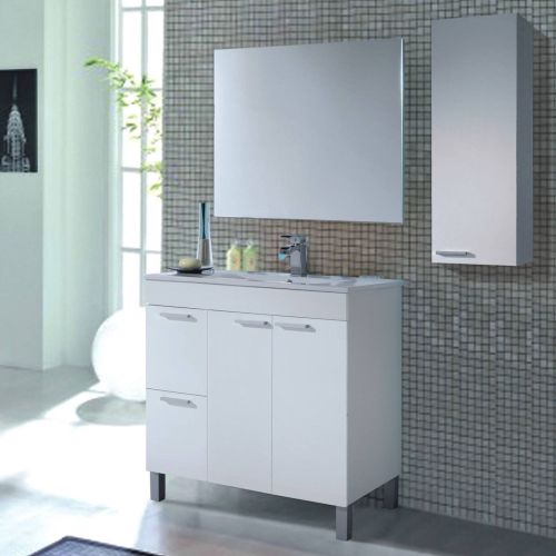 Set Mobili Bagno Bianco Lucido Specchio Incluso 2 Cassetti, 2 Ripiani - Paderna