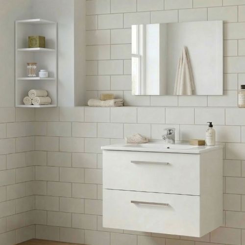 Set Mobili Bagno Bianco Lucido Specchio Incluso 2 Cassetti, 2 Ripiani - Plassas